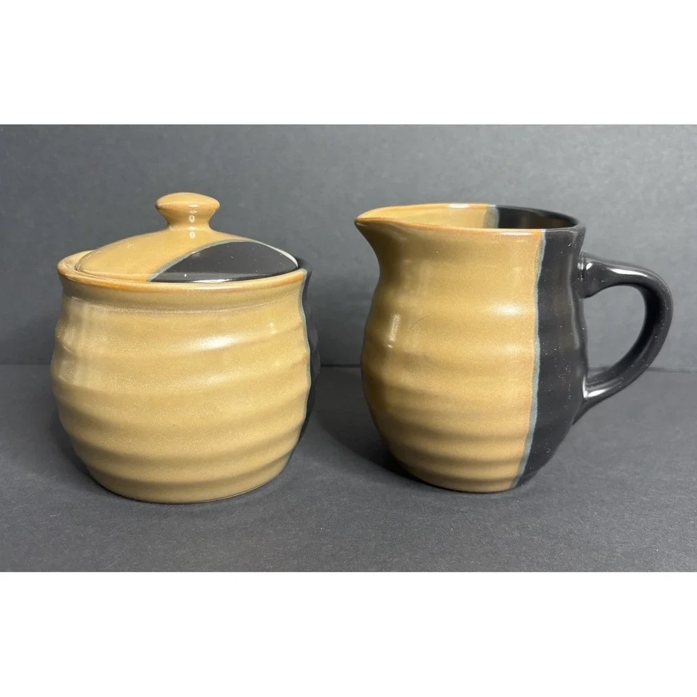 Sango Gold Dust Black Creamer and Sugar Bowl Tea Farmhouse Country Retired